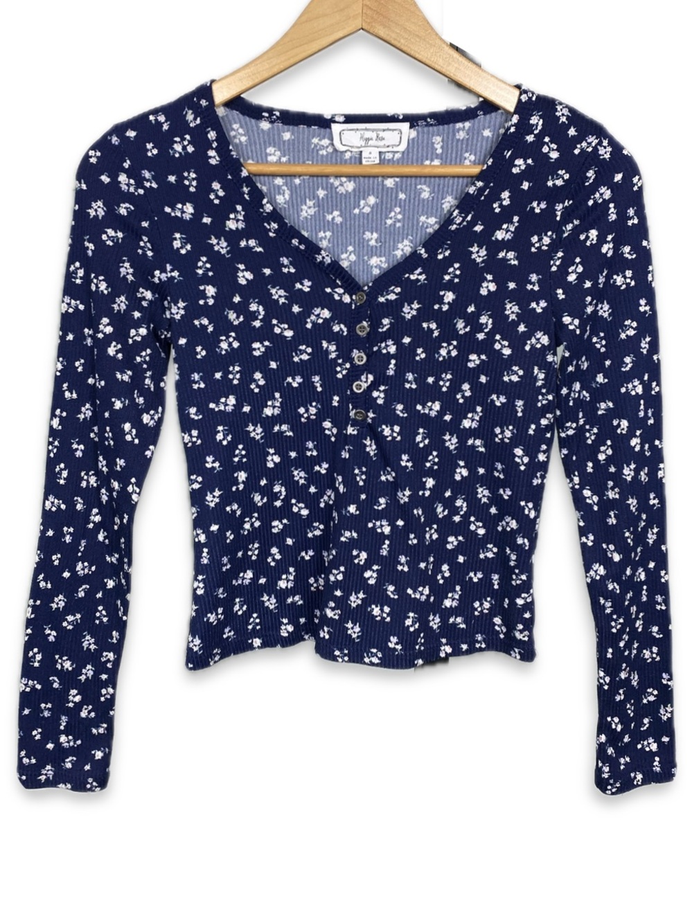 Hippie Rose Floral Rib Knit Y2K Baby Tee Long Sleeve Small Blue Floral Henley